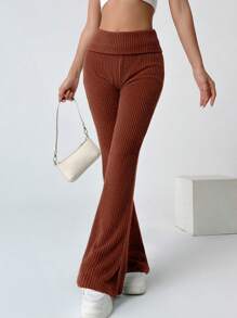 SHEIN EZwear Women's Fold-Over High Waist Flare Pants - Brown - View 5