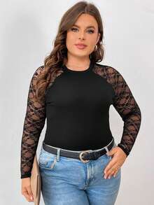 SHEIN Frenchy Plus Size Valentine Lace Patchwork Raglan Sleeve T-Shirt - Black - View 5