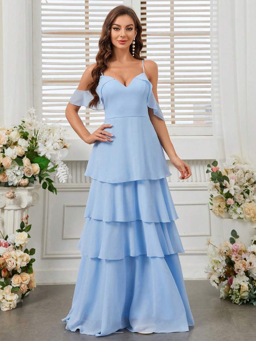 SHEIN Belle 綁帶吊帶成人伴娘服，V領，荷葉邊和層疊裙擺 - 淺藍色 - 查看 1