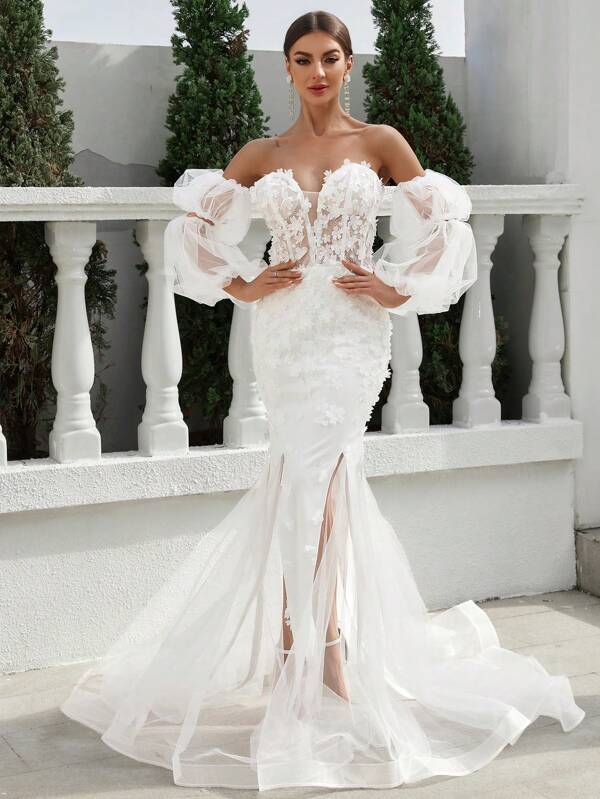 SHEIN Belle Rochie de mireasa cu decolteu in V cu umeri, cravata la spate, cu stofa florala 3d si rochie din plasa