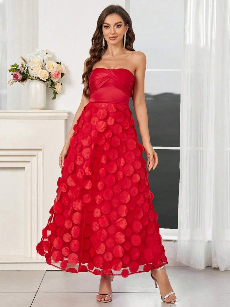 Elegant Valentine's Day Will Be Red Chest Top Pleats A Swing Mesh Gauze Round Film Embroidered Three-Dimensional Flower Cocktail Dress