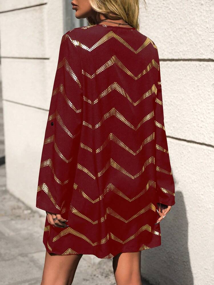 V-Neck Zipper & Foil Printed Herringbone Pattern Long Sleeve Dress