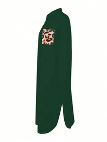 Maweii Plus Size Leopard Spliced Pocket Shirt Dress - Dark Green - View 5