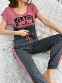 標語圖案彩塊t恤和褲子睡衣套裝 - 彩色 - 查看 3