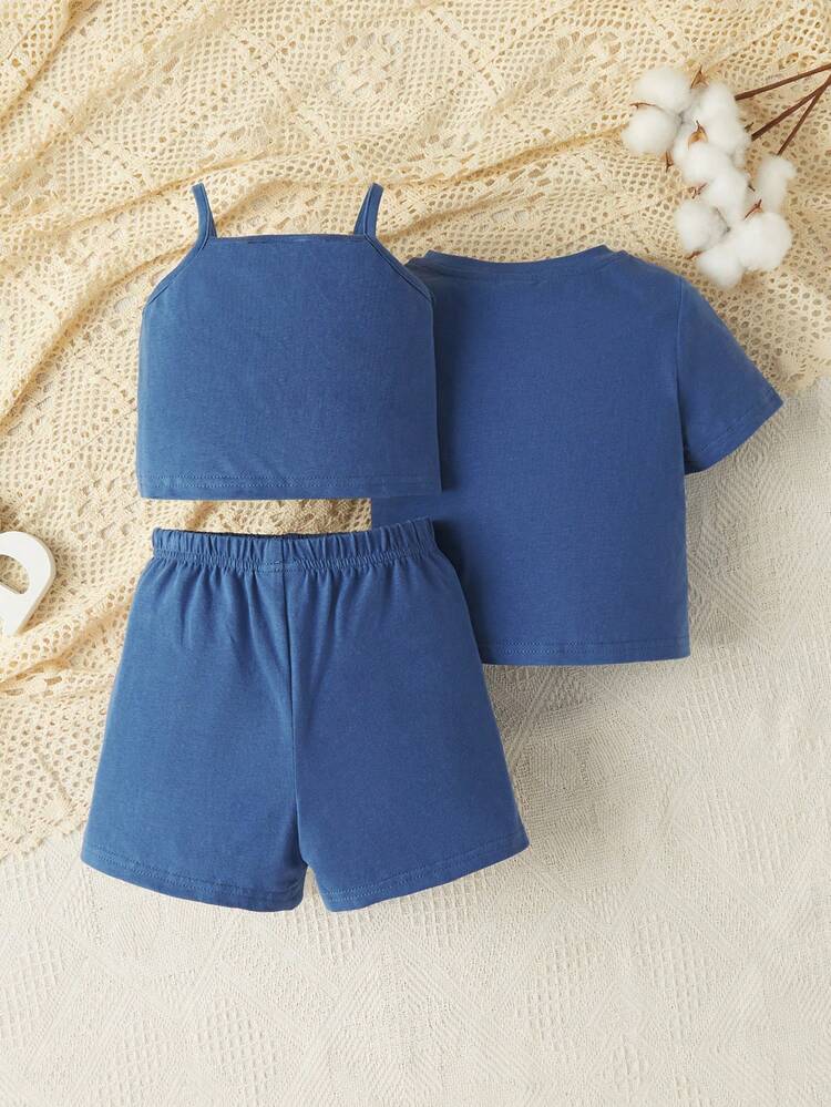 Baby Girl Adorable Cow Print Short Sleeve Top, Cami Vest And Shorts 3pcs Outfits