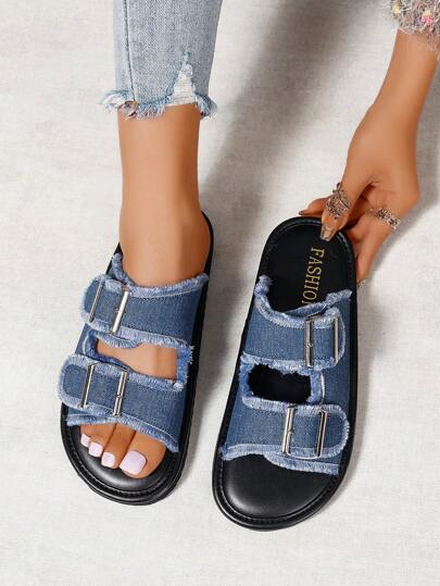 女款牛仔面料平底涼鞋,帶扣裝置,柔軟底部,開放式前端,舒適易穿脫