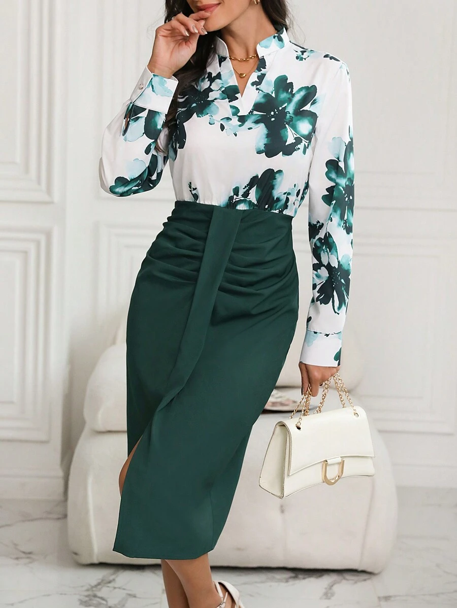 SHEIN Clasi Women's Floral Printed Splicing Notched Neckline Pleated Front Slit Dress - Green - View 1