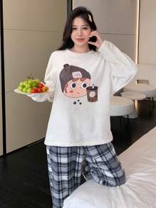 DAZY Mô hình Cartoon In Lông cừu san hô Kẻ sọc Bộ mặc nhà - Màu be - Xem 4