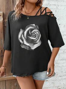 EMERY ROSE Áo thun hở vai in họa tiết hoa cỡ lớn cho nữ Áo thun họa tiết cho nữ - màu đen - Xem 4