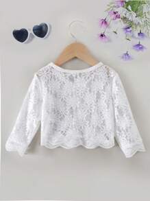 SHEIN Young Girl Floral Elegant Round Neck Cardigan With Lace Trim, Flower Girl Wedding Wear - White - View 2