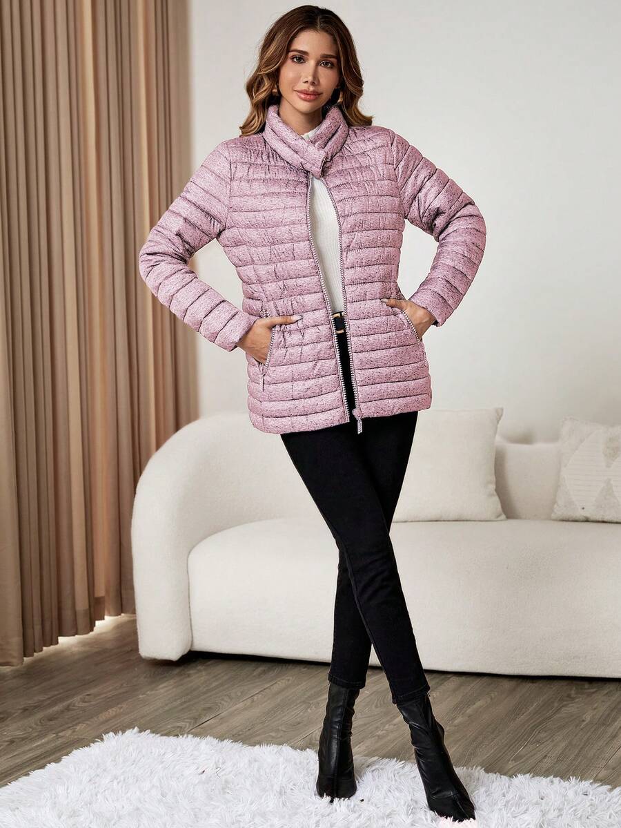 Women's Quilted Jacket With Side Zipper And Pocket - Pink - View 1