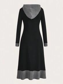 EMERY ROSE 2 In 1 Panel Cable Knit Hooded Dress With Jacquard Pattern (Random Design) - Black - View 2