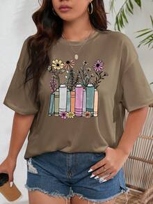 SHEIN EZwear Kích thước lớn Hoa In Áo thun - Cà phê nâu - Xem 7