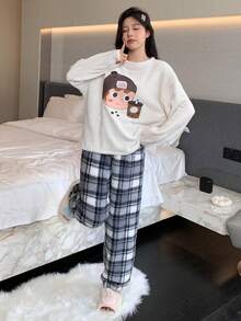 DAZY Mô hình Cartoon In Lông cừu san hô Kẻ sọc Bộ mặc nhà - Màu be - Xem 3