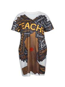 大尺碼休閒人物&字母印花連身裙 - 灰色 - 查看 3