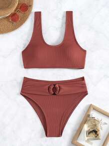 SHEIN Swim Ribbed Knit Bikini Swimwear Set With Ring Decoration Wedding Bathing Suit For Summer Beach - Rust Brown - View 5