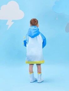 男孩可愛藍色拼接鯊魚和小魚印花立體雨衣,全季節適用 - 藍色 - 查看 3