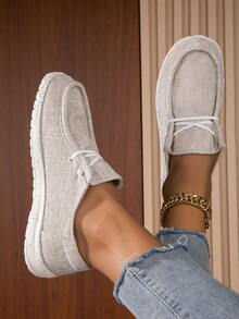 女式舒適透氣易穿梭運動鞋,米色休閒運動平底鞋 - 卡其色 - 查看 5