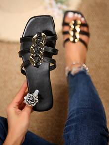 女性時尚休閒條紋平底涼鞋,金色扭轉鎖設計＆舒適行走設計,適用於家居和日常穿著 - 黑色 - 查看 4