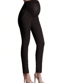 Pregnant Women's Solid Color High Waist Skinny Pants - Black - View 1