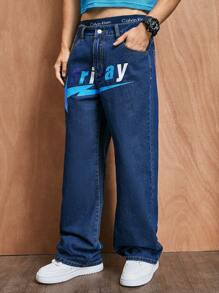 ROMWE MEN Prep Men'S Straight Leg Jeans With Star Pattern