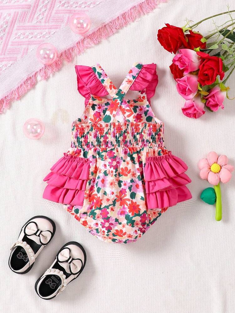 Baby Girls' Casual & Vacation Floral Print Patchwork Bodysuit With Snap Closure