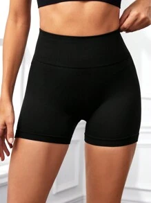 Easithlete Solid Color Wide Waistband Sports Shorts - Black - View 5