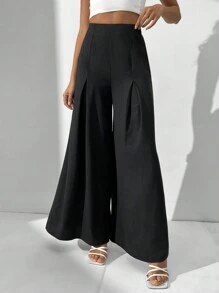SHEIN Tall 女款高腰寬腿長褲，適合高個女性 - 黑色 - 查看 1