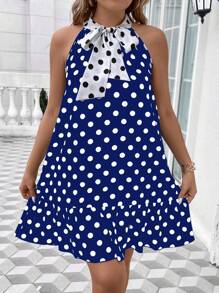 Celure In vết tròn Polka Kích thước lớn Váy có thắt lưng Với Vòng cổ Và Cà vạt - Màu xanh lam - Xem 3
