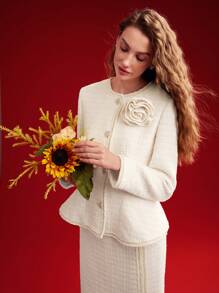 MOTF PREMIUM WOMEN'S JACKET WITH 3D FLORAL DECORATION AND RUFFLED HEM,VALENTINE'S DAY - Apricot - View 4