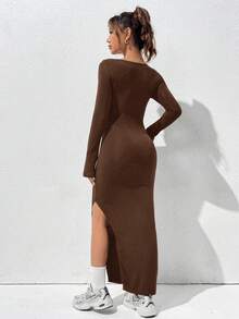 SHEIN EZwear 女士針織側開叉修身連衣裙 - 巧克力棕 - 查看 2