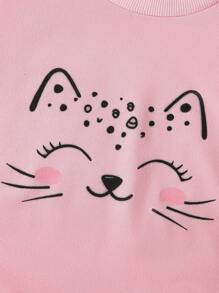 Elladie kids Young Girl Lovely Cat Print Top& Denim Effect Casual Pants Outfit For Summer - Pink - View 4