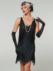 Women's V-Neck Vintage Sequins Splice Tassel Party Dress Elegant Cocktail Semi Formal Prom Wedding Guest Dress, Homecoming Spring Black Fall - Black - View 7