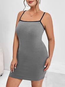 SHEIN Essnce Plus Size Spring Clothing New Casual Patchwork Contrasting Suspender Dress And Long-Sleeved Cardigan Women's Two-Piece Set - Grey - View 5