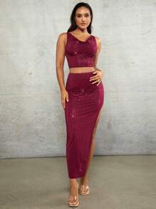 SHEIN BAE Valentinstag Hoher Schlitz Roter Strass Frauen Langer Rock