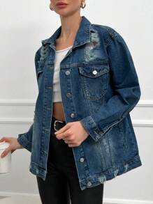 EURMUSE Distressed Washed Denim Jacket - Blue - View 4