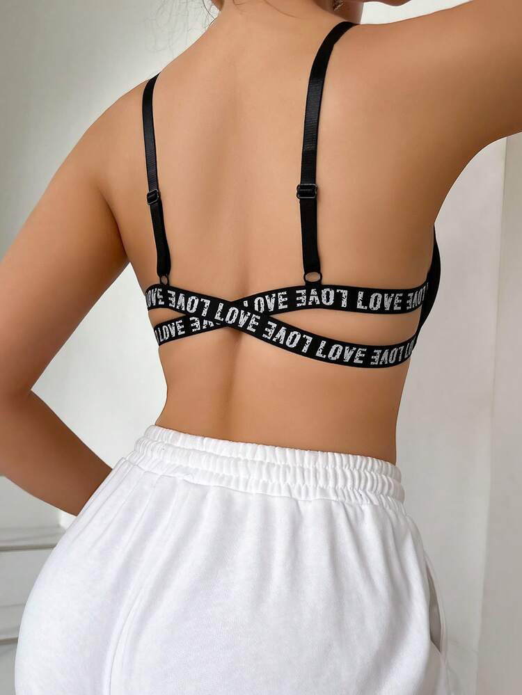 Women's Wire-Free Front Closure Bra With Letter Patterned And Woven Straps