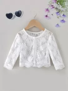 SHEIN Young Girl Floral Elegant Round Neck Cardigan With Lace Trim, Flower Girl Wedding Wear - White - View 1