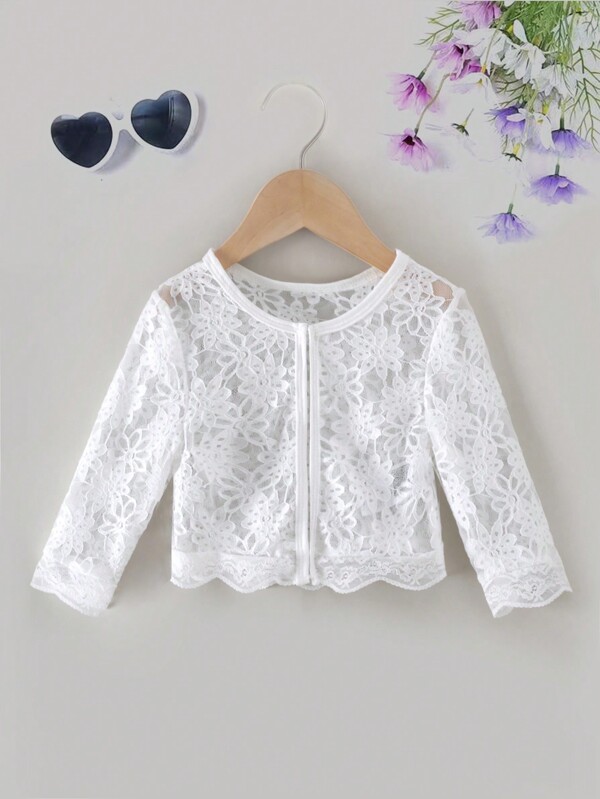 SHEIN Young Girl Flower Design Elegant Lace Edge Round Neck Jacket For Wedding