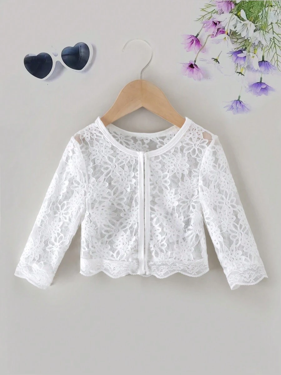 SHEIN Young Girl Floral Elegant Round Neck Cardigan With Lace Trim, Flower Girl Wedding Wear - White - View 1