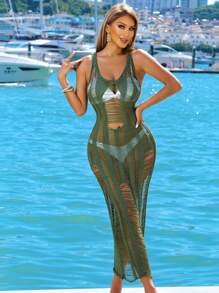 SHEIN SXY 女式空心針織毛衣連衣裙 - 軍綠色 - 查看 3