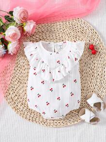 Baby Girls' Cherry Pattern Bodysuit With Ruffle Trim - White - View 1