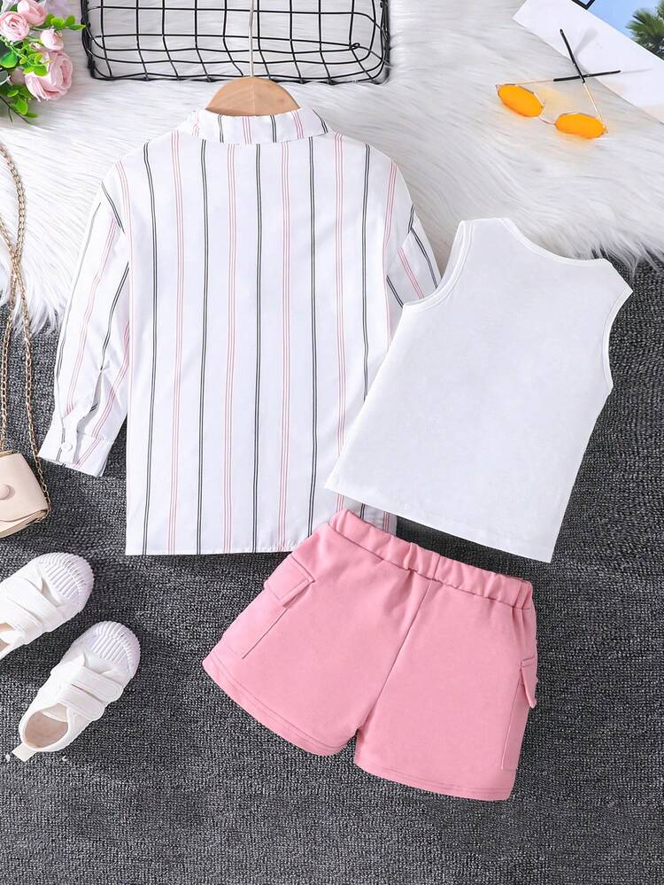 3pcs/Set Toddler Girls' Casual Vest Top With Letter Print + Striped Shirt + Shorts