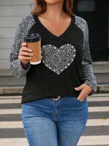 SHEIN LUNE Camiseta De Talla Grande Con Estampado De Leopardo Y Parches De Perlas - Negro - Ver 1