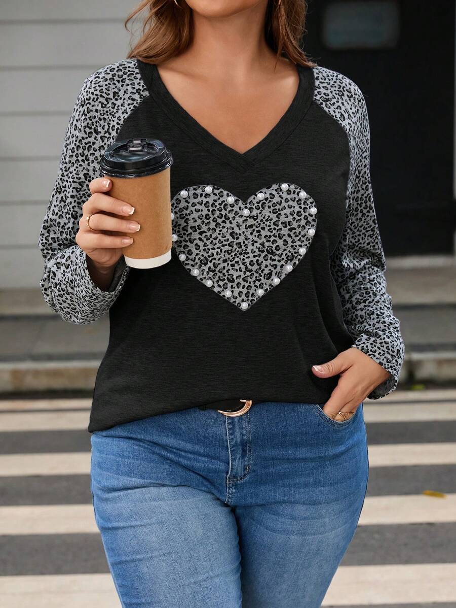 SHEIN LUNE Camiseta De Talla Grande Con Estampado De Leopardo Y Parches De Perlas - Negro - Ver 1