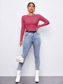 SHEIN Essnce Của phụ nữ Vòng cổ Tay áo dài Áo thun - Màu Hồng Tươi - Xem 4