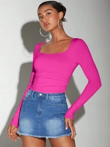 SHEIN BAE Camiseta Entallada Para Mujer Con Pliegues Laterales De Color Sólido - Rosa Fucsia - Ver 5