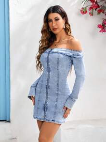 SHEIN Essnce 女士牛仔斜肩連身性感聖誕派對裝 - 中等水洗藍 - 查看 4