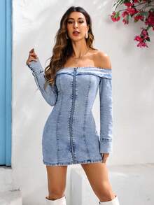 SHEIN Essnce 女士牛仔斜肩連身性感聖誕派對裝 - 中等水洗藍 - 查看 6