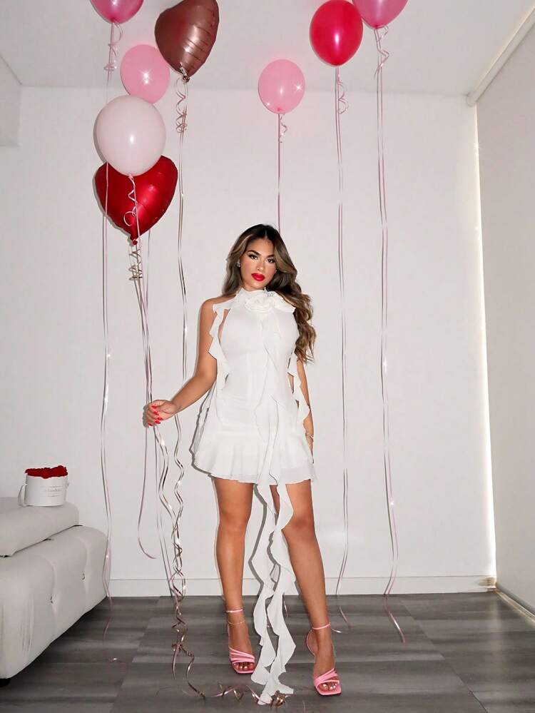 Valentine's Day 3d Rose Flower Backless Dress With Ruffle And Ribbon Trim